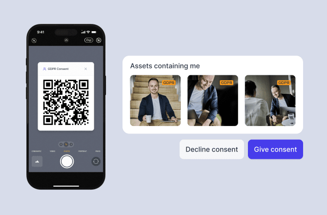 Mobile QR code consent screen alongside flagged images for GDPR, showing how Digital Asset Management (DAM) supports fast, compliant content approvals