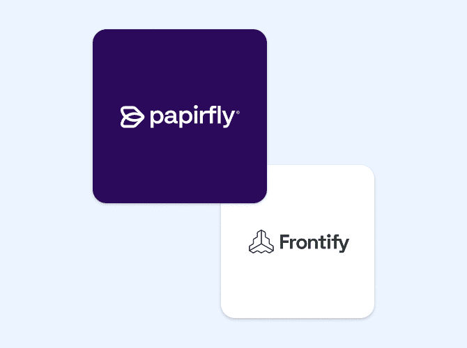 Papirfly vs. Frontify logos, illustrating a brand platform comparison focused on portals, DAM compliance, and content creation features