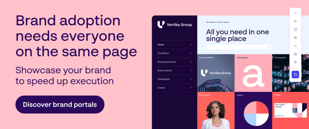 Interface of a brand portal with headline “Brand adoption needs everyone on the same page” promoting brand showcasing and faster execution