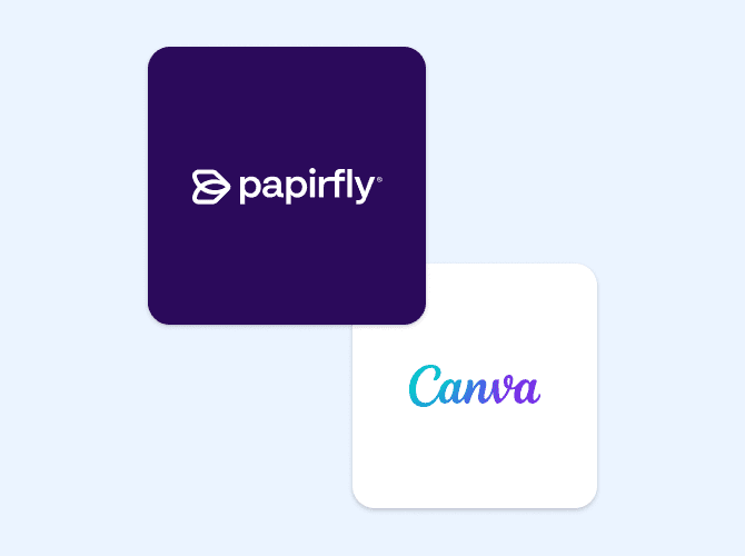 Papirfly vs. Canva logos, illustrating a brand platform comparison focused on portals, DAM compliance, and content creation features