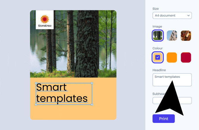 Animated screen showing a user editing a branded template with image, color, and text options in a custom design interface.