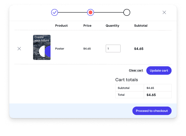 Checkout screen showing a poster order with product image, quantity, price, and progress tracker.