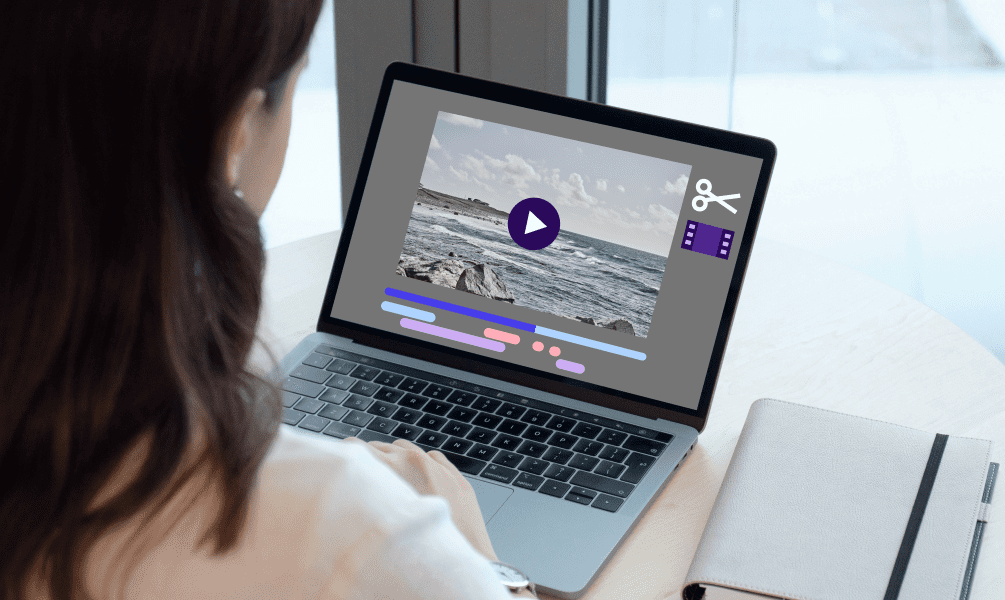 Team member creating high-quality branded video using a templated editor on desktop