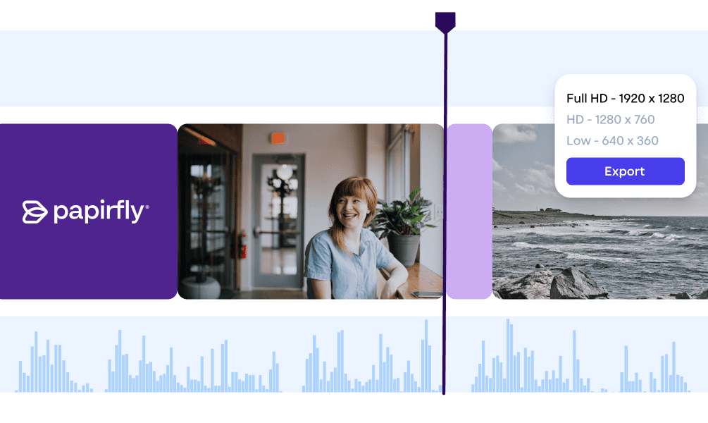 Branded video editor showing clip selection, text overlays, and export options to create video content quickly and on-brand