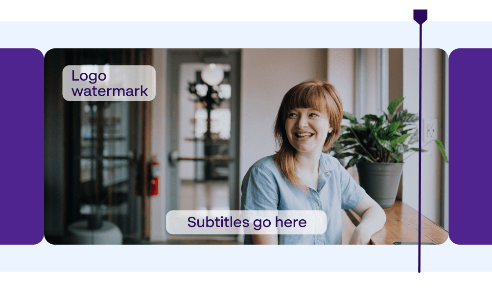 Branded video frame with on-screen subtitle and logo watermark ensuring every element stays on-brand