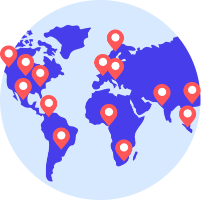 World map with location pins visualizing global reach for localized event collateral management.