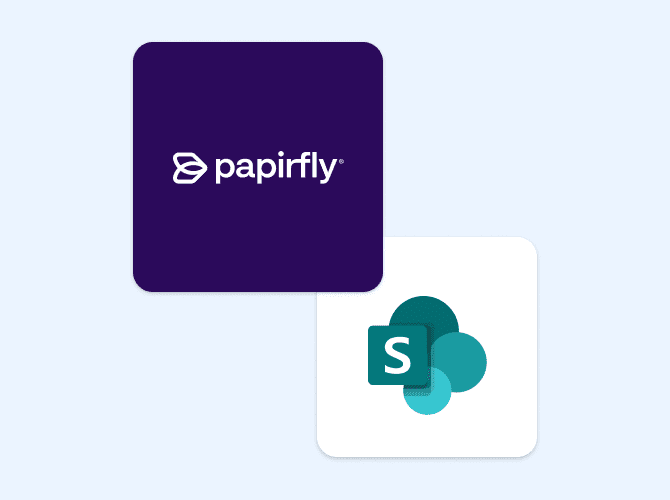 Papirfly logo and Microsoft SharePoint logo illustrating a comparison of their abilities in brand asset management and governance.