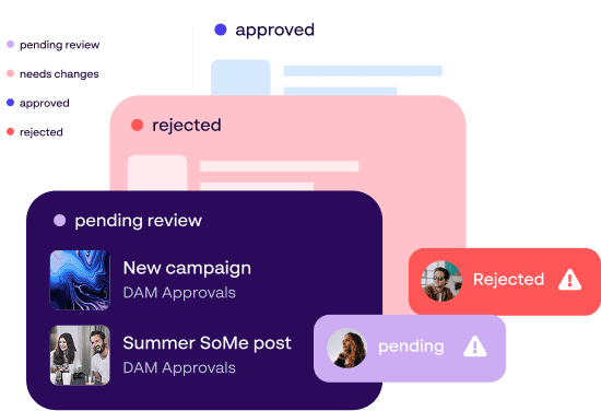 Event collateral approval dashboard showing tasks marked approved, pending, and rejected.