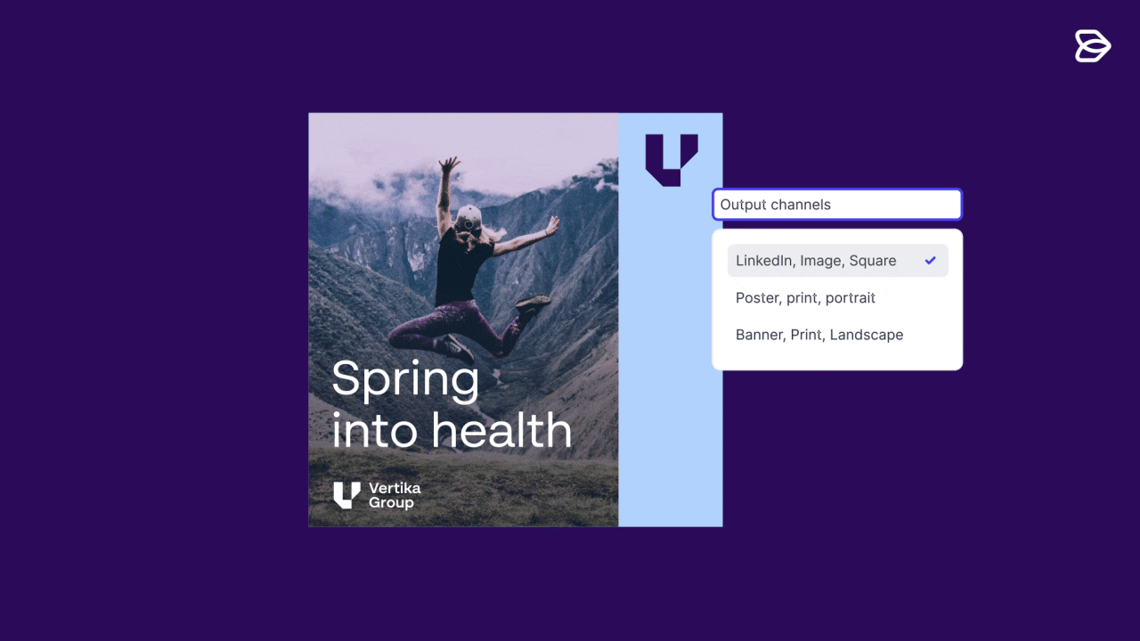 GIF showing automated resizing of assets for event collateral management across formats like LinkedIn, poster, and banner.