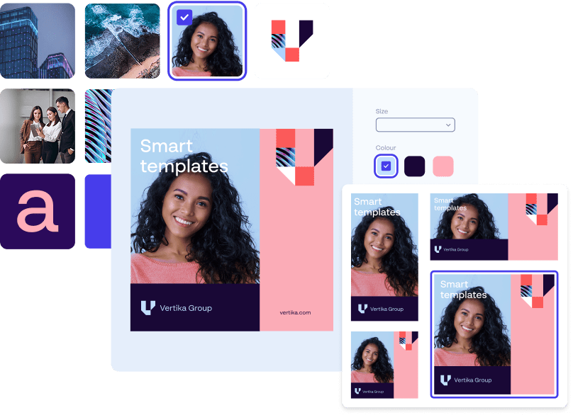 Smart template system displaying flexible layouts and brand elements for scalable content creation.