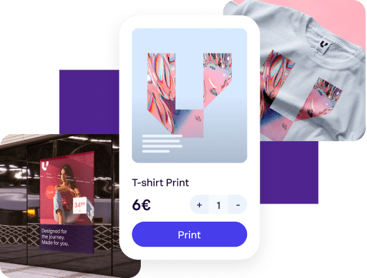 Branded assets like t-shirts and posters symbolizing how retail teams can create localized, on-brand content instantly.