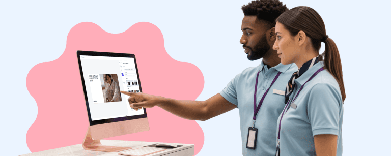 Retail employees customizing branded content on screen, representing dealer enablement through editable templates and localized execution.