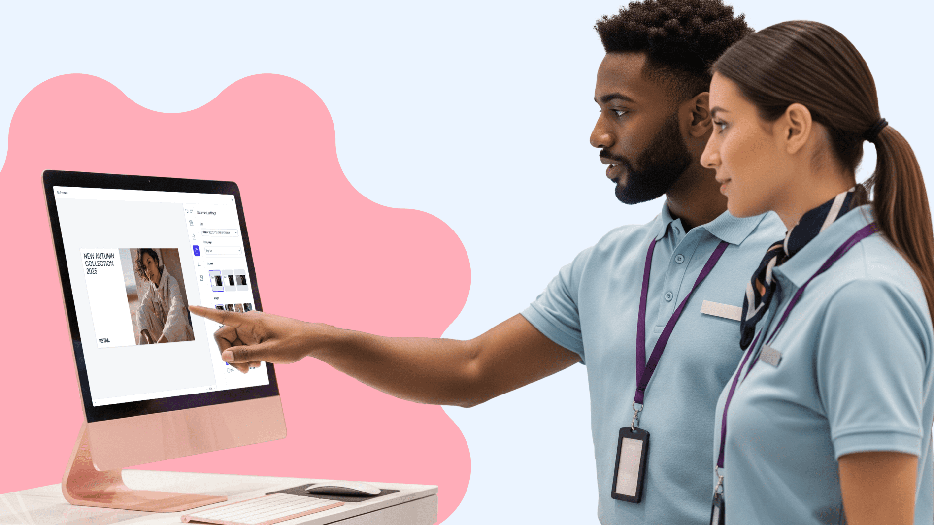 Retail employees customizing branded content on screen, representing dealer enablement through editable templates and localized execution.