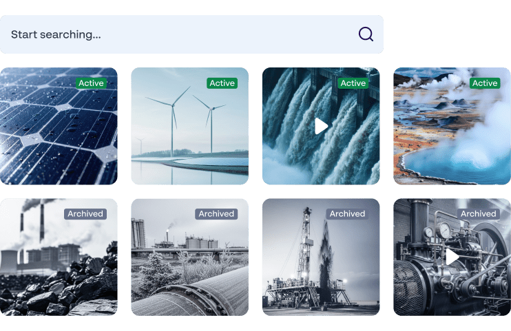 Asset library with active and archived energy visuals organized to manage brand heritage efficiently