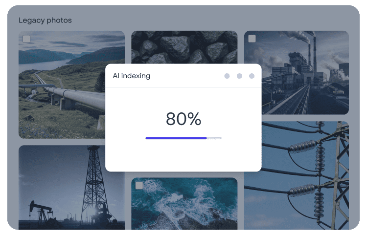 AI indexing screen organizing legacy photos to enhance brand heritage accessibility