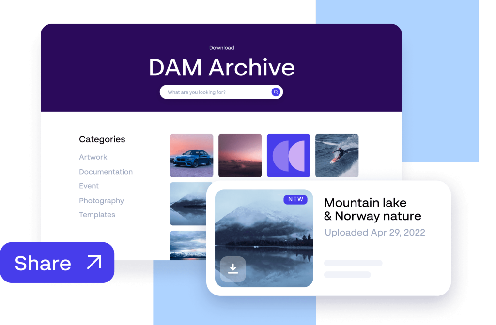 Digital asset management archive with share and download options
