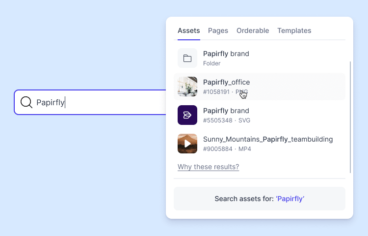 Search bar showing instant visual asset suggestions for faster discovery.