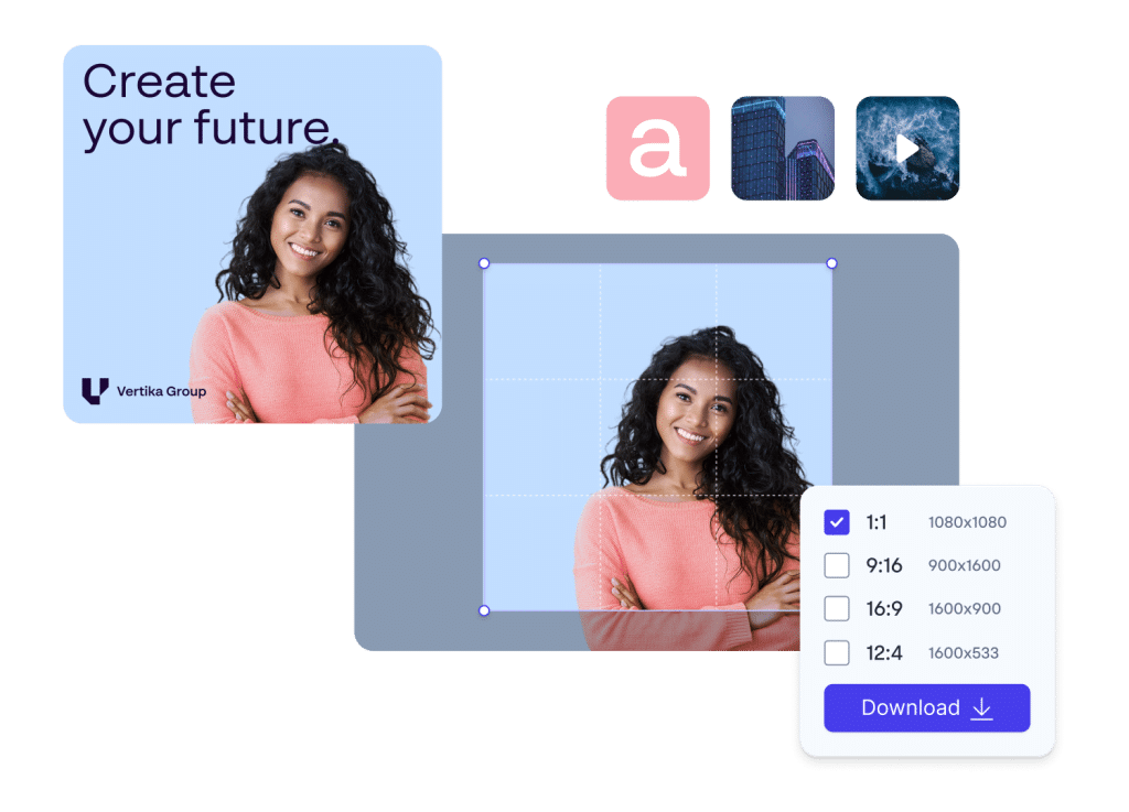 User interface showing a brand asset being automatically resized into 1:1, 9:16, and 16:9 social media formats.