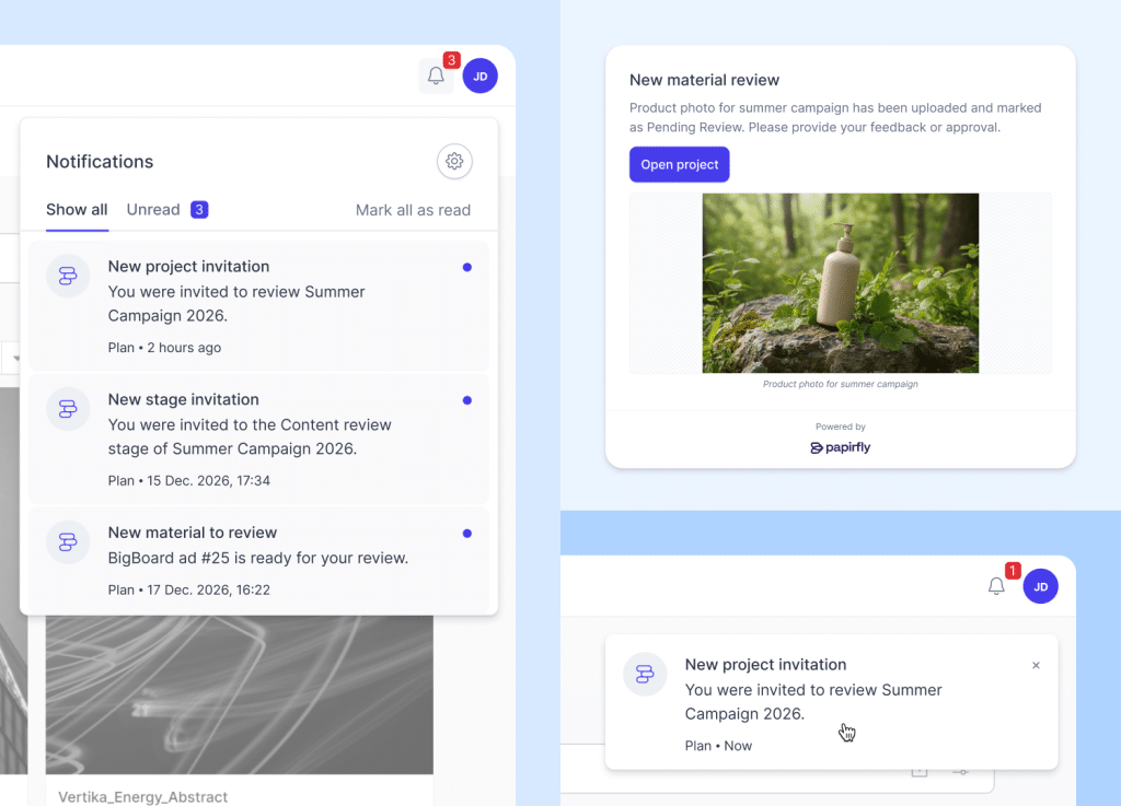 Interface view of the Papirfly Notification Centre listing pending project invitations and material reviews.