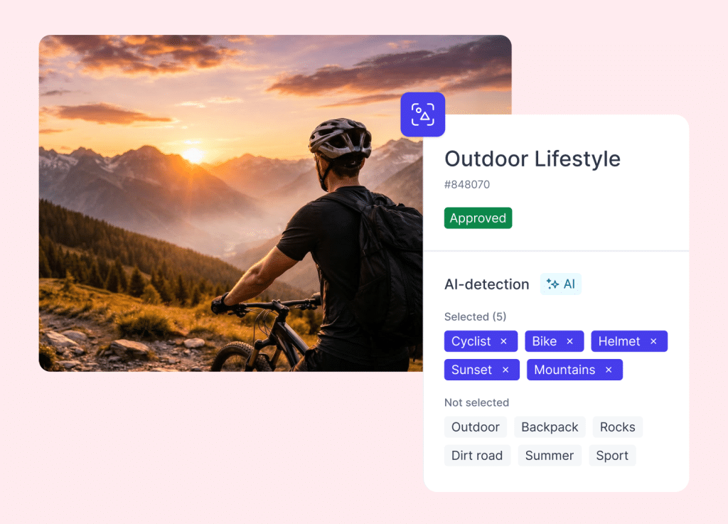 Papirfly AI auto-tagging digital assets and applying metadata to a mountain biking image.