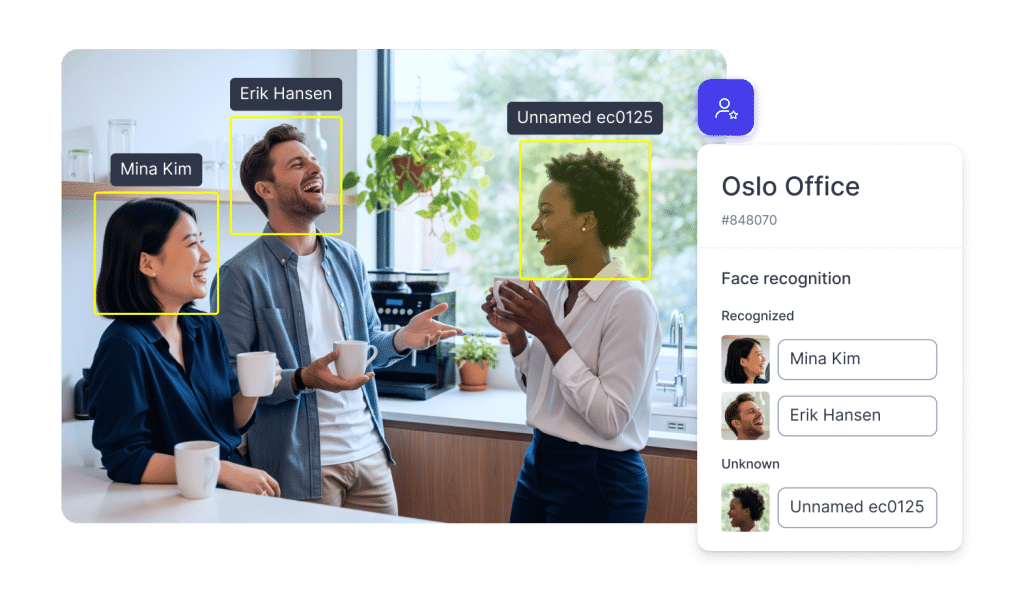 Papirfly AI face recognition identifying people in a workplace photo for digital asset management.