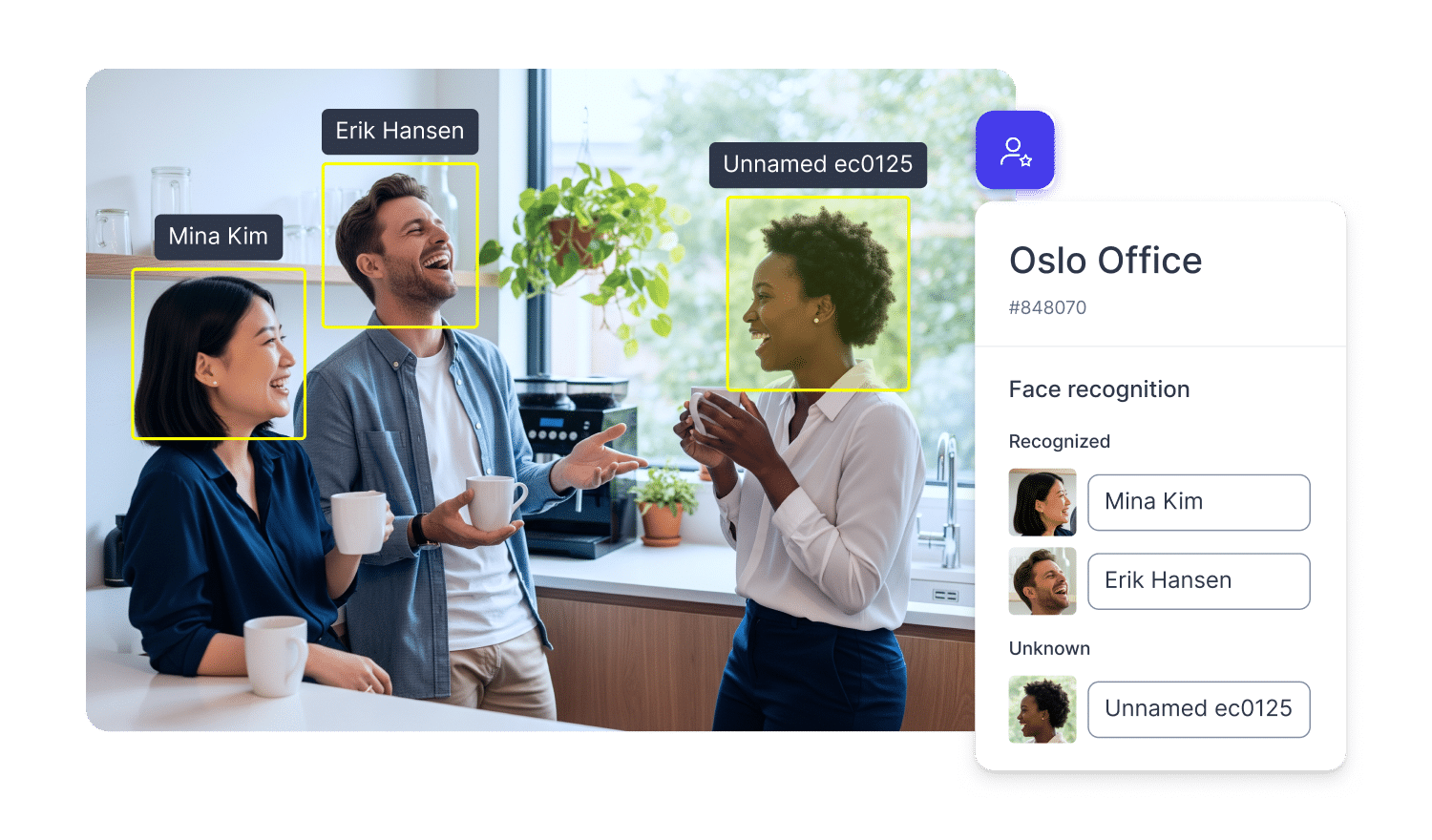 Papirfly AI face recognition identifying people in a workplace photo for digital asset management.