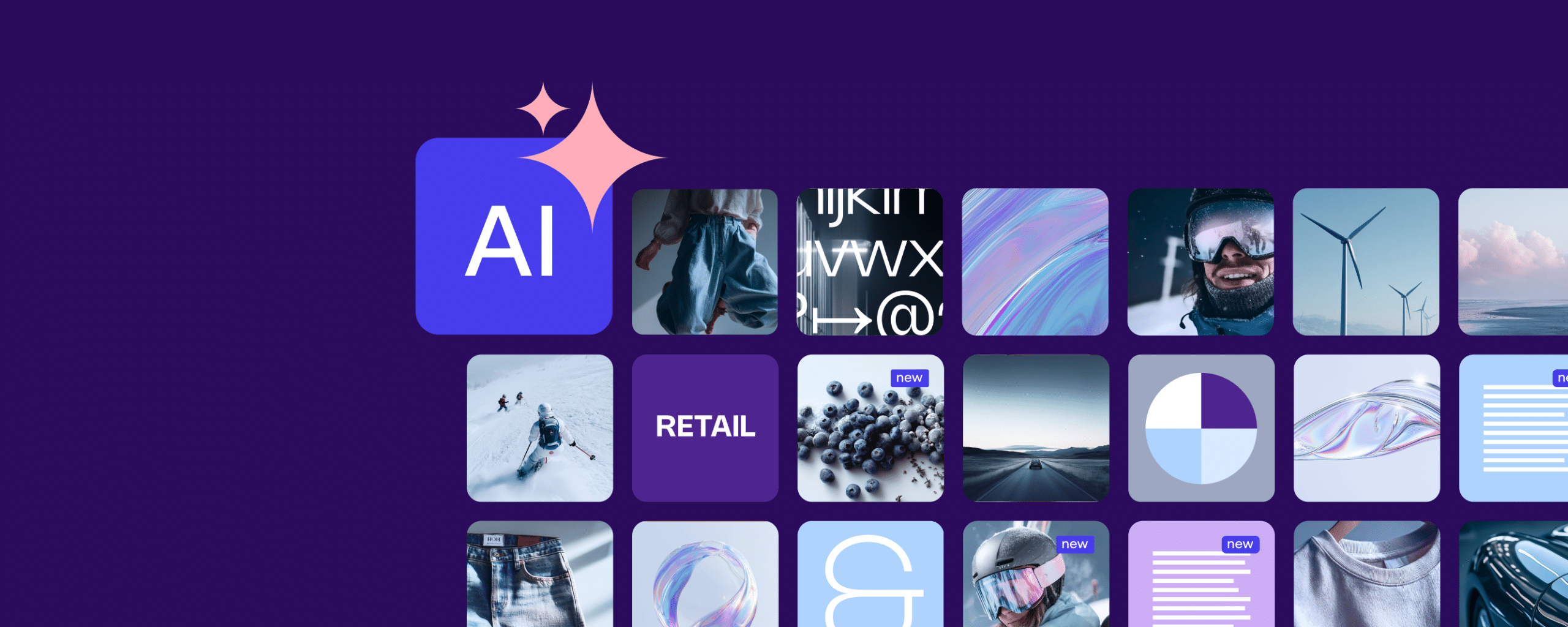 Grid of AI-powered digital assets and visuals representing best AI DAM software for organizing and managing content.