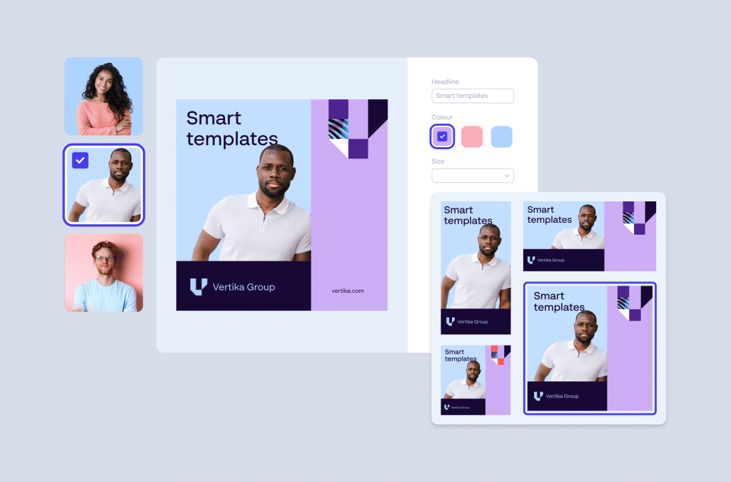 Smart templates interface showing on-brand content creation with customizable layouts and brand controls.