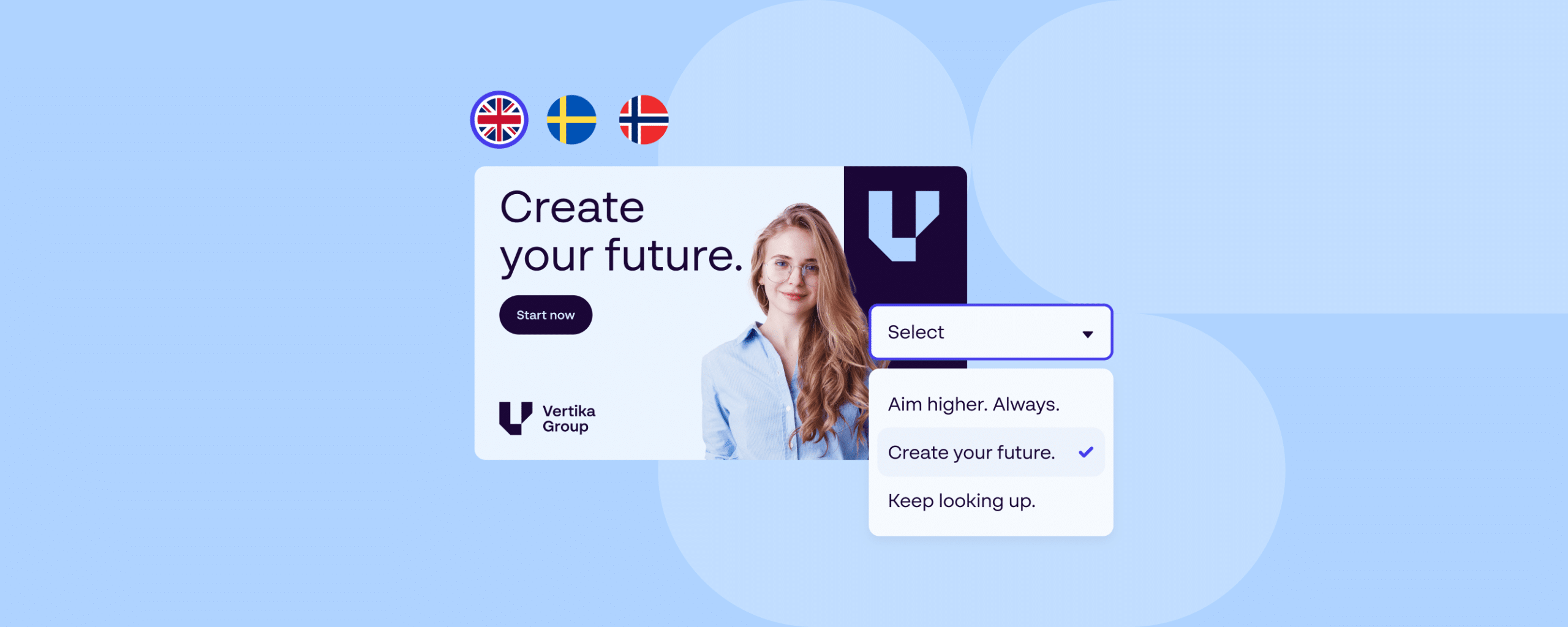 Illustration of employer branding software showing a localized recruitment campaign with language options, brand templates, and the headline “Create your future” for global talent teams.