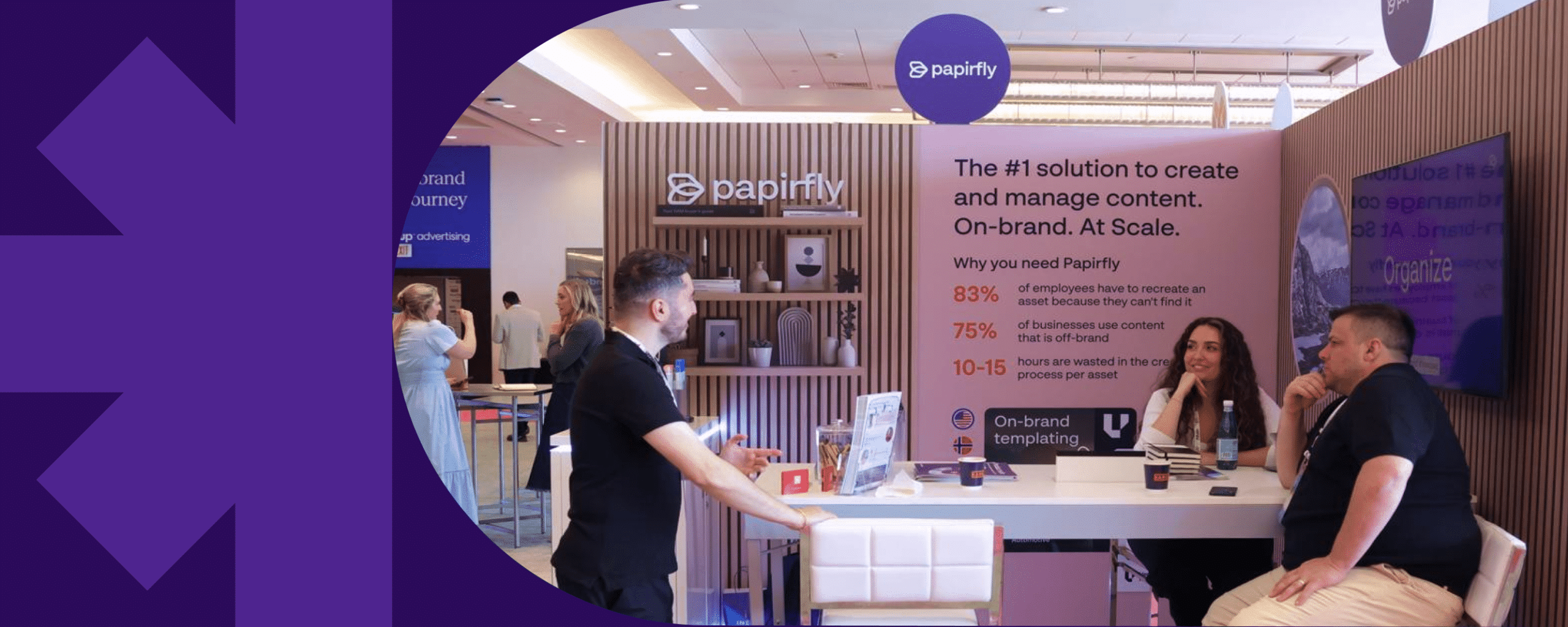 Papirfly booth at Possible Miami highlighting on-brand content creation and content operations challenges.