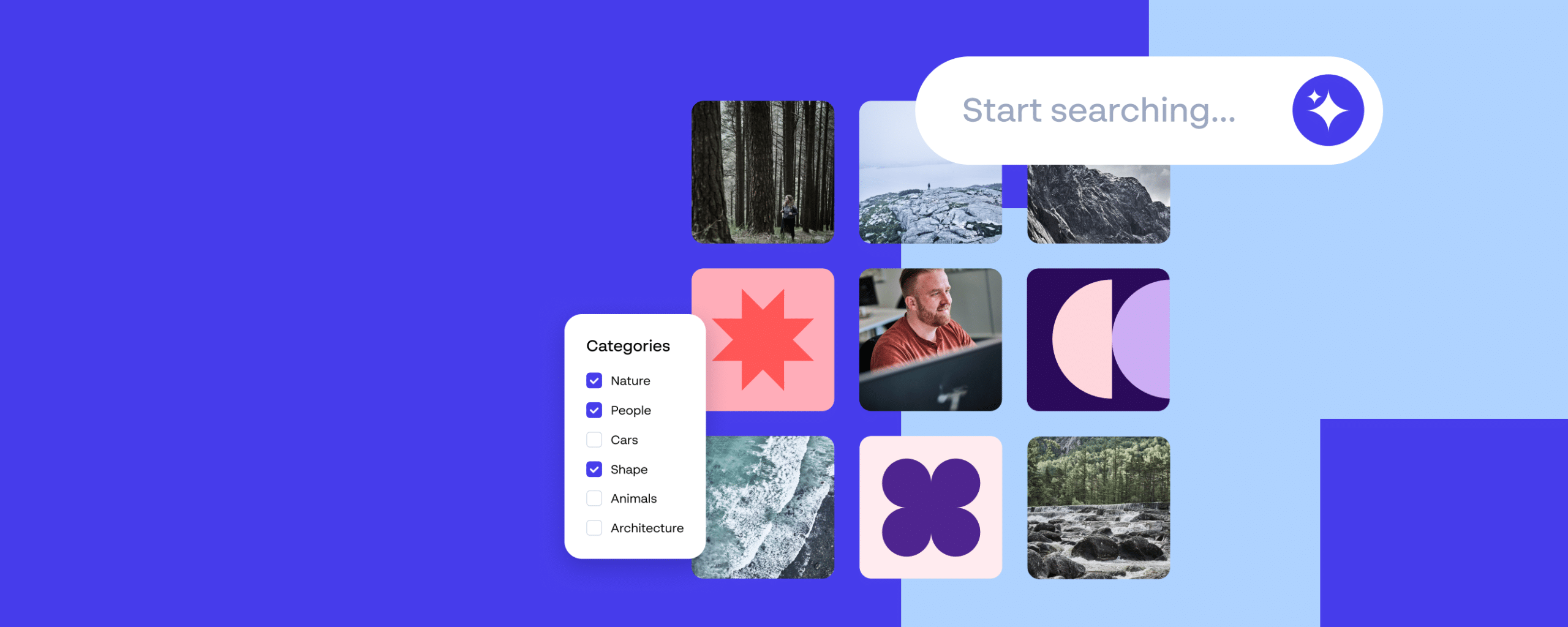 Search interface filtering visual assets by category, highlighting AI-powered search and metadata-driven discovery in a DAM.