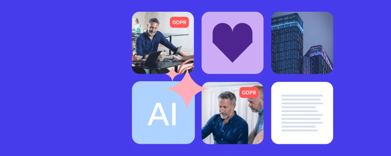 GDPR-labeled marketing assets, AI icon, and compliance documents representing controlled AI-powered content operations.