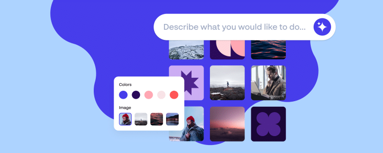 AI brand assistant in a brand portal helping users find approved brand assets, colors, and images through natural language search.
